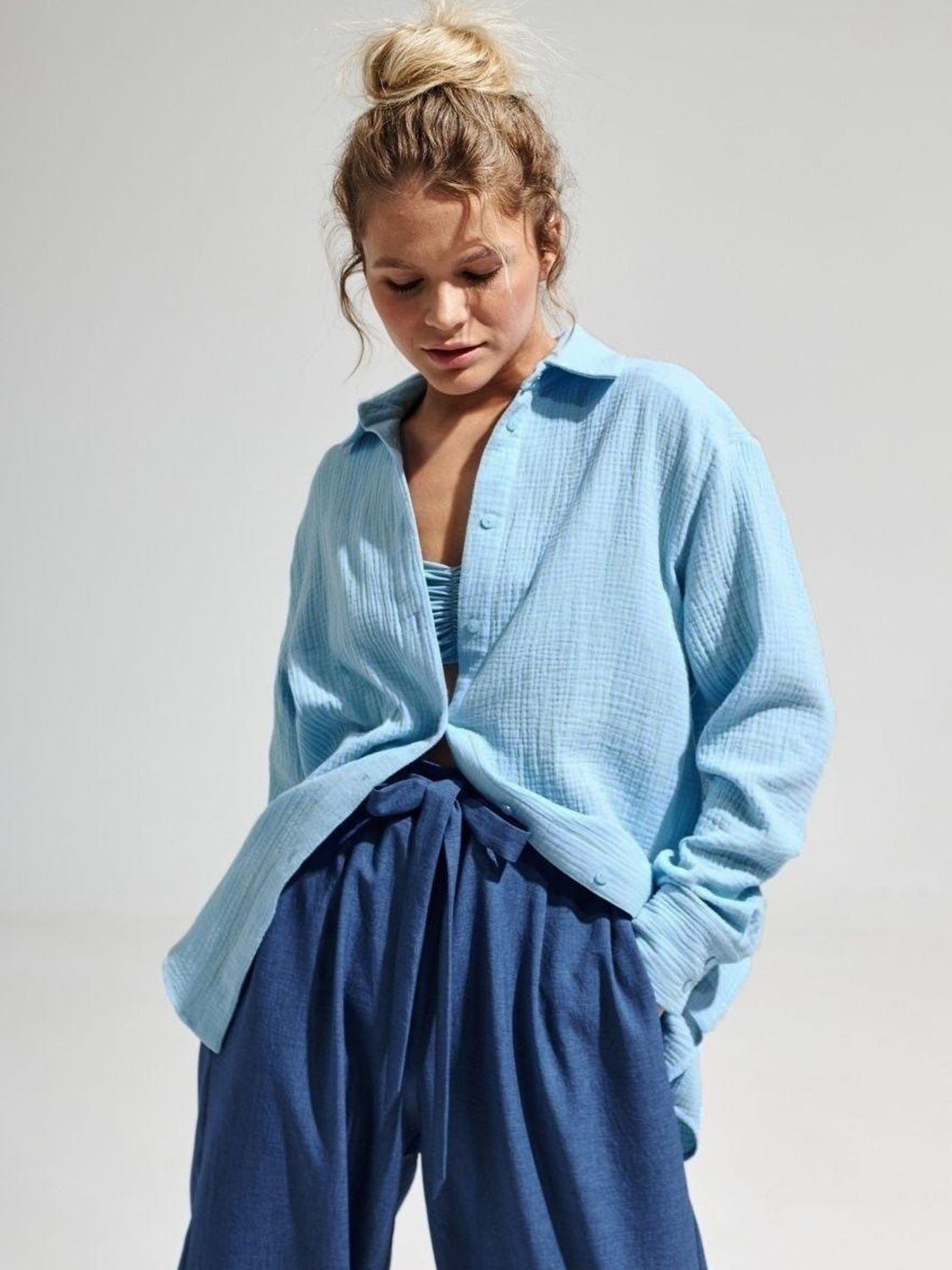 Textured Collared Neck Long Sleeve Shirt Trandify deal