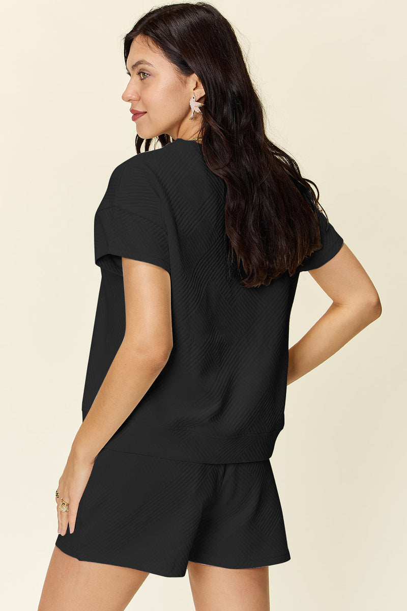 Double Take Full Size Texture Short Sleeve T-Shirt and Drawstring Shorts Set Trandify deal