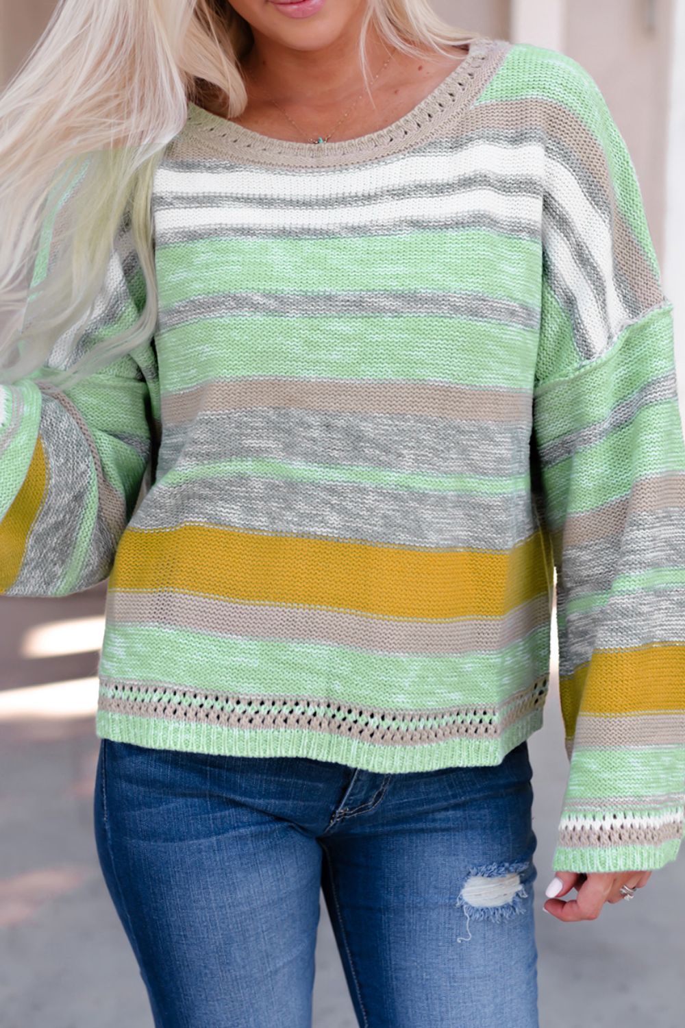 Contrast Striped Boat Neck Dropped Shoulder Sweater Trandify Deal
