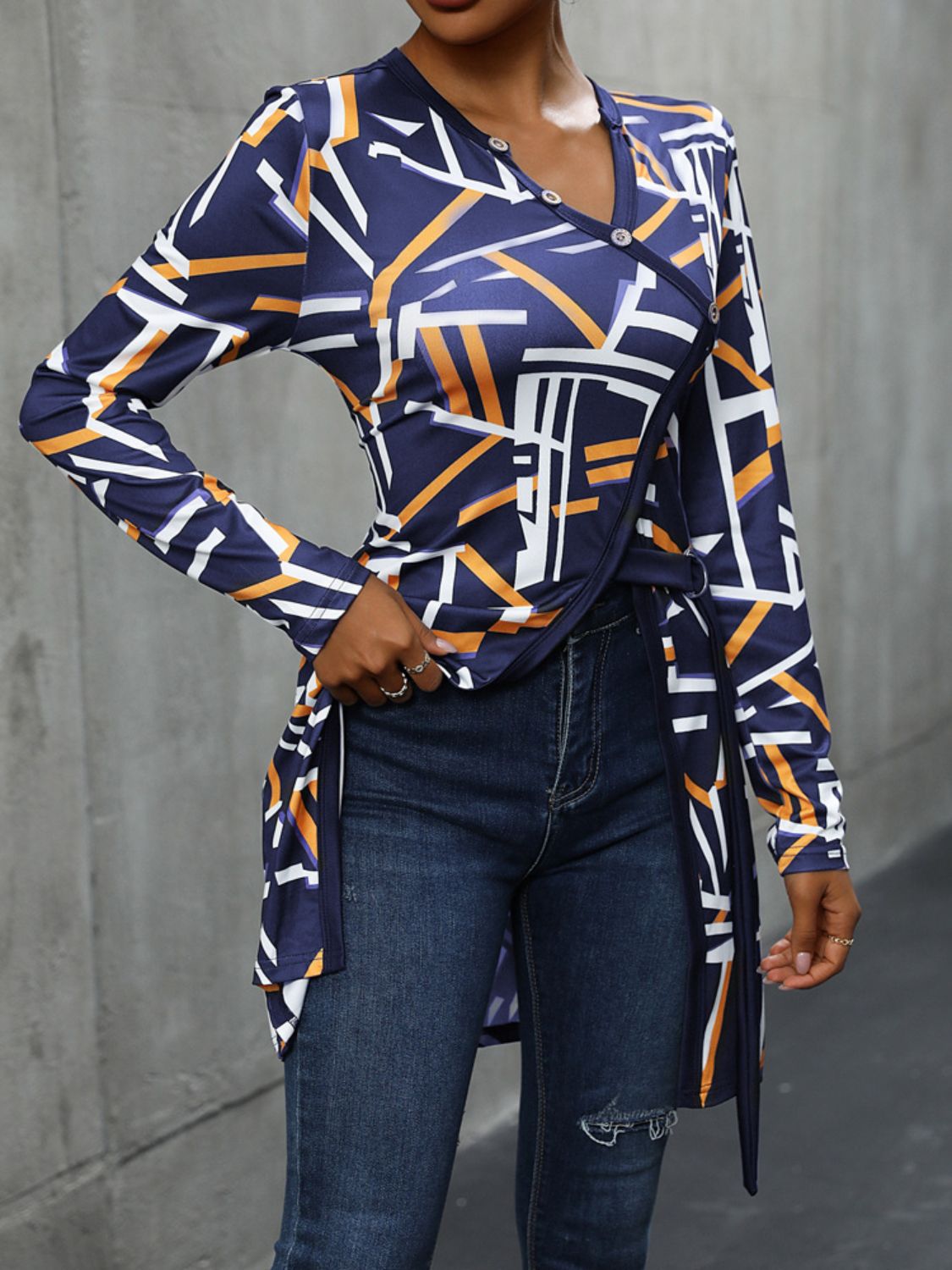 Perfee Geometric Surplice Long Sleeve T-Shirt Trandify deal