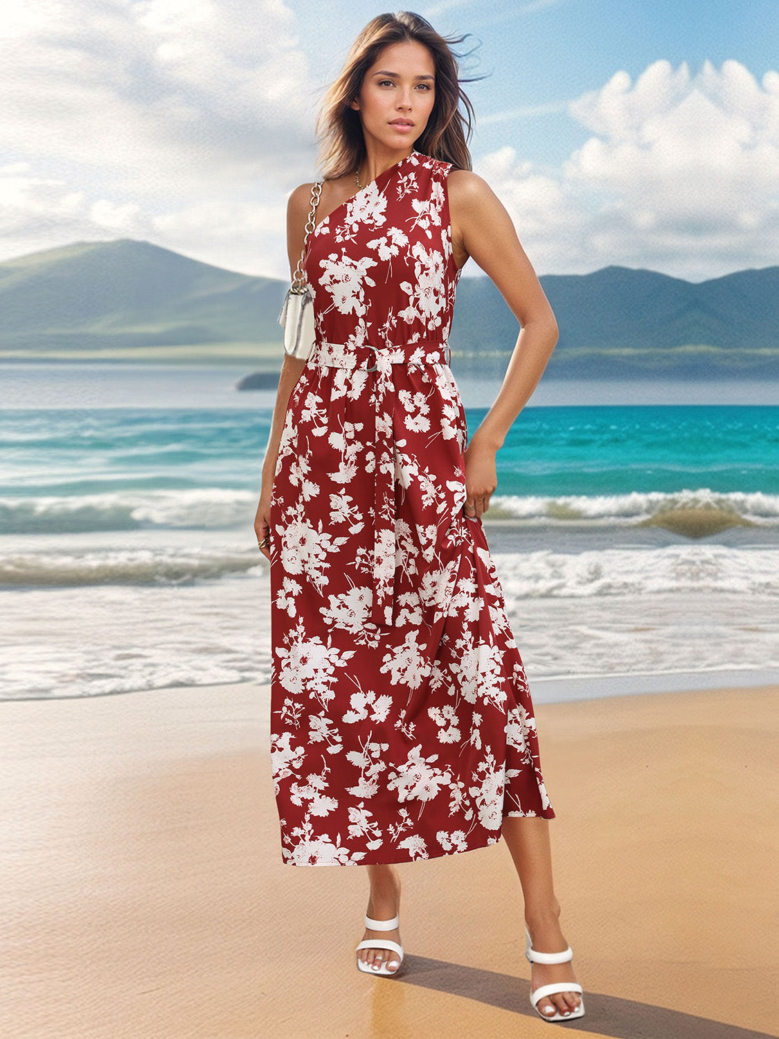 Printed Single Shoulder Sleeveless Dress Trandify deal