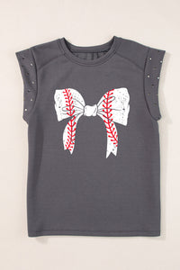 Studded Bow Graphic Round Neck Cap Sleeve T-Shirt Trandify deal