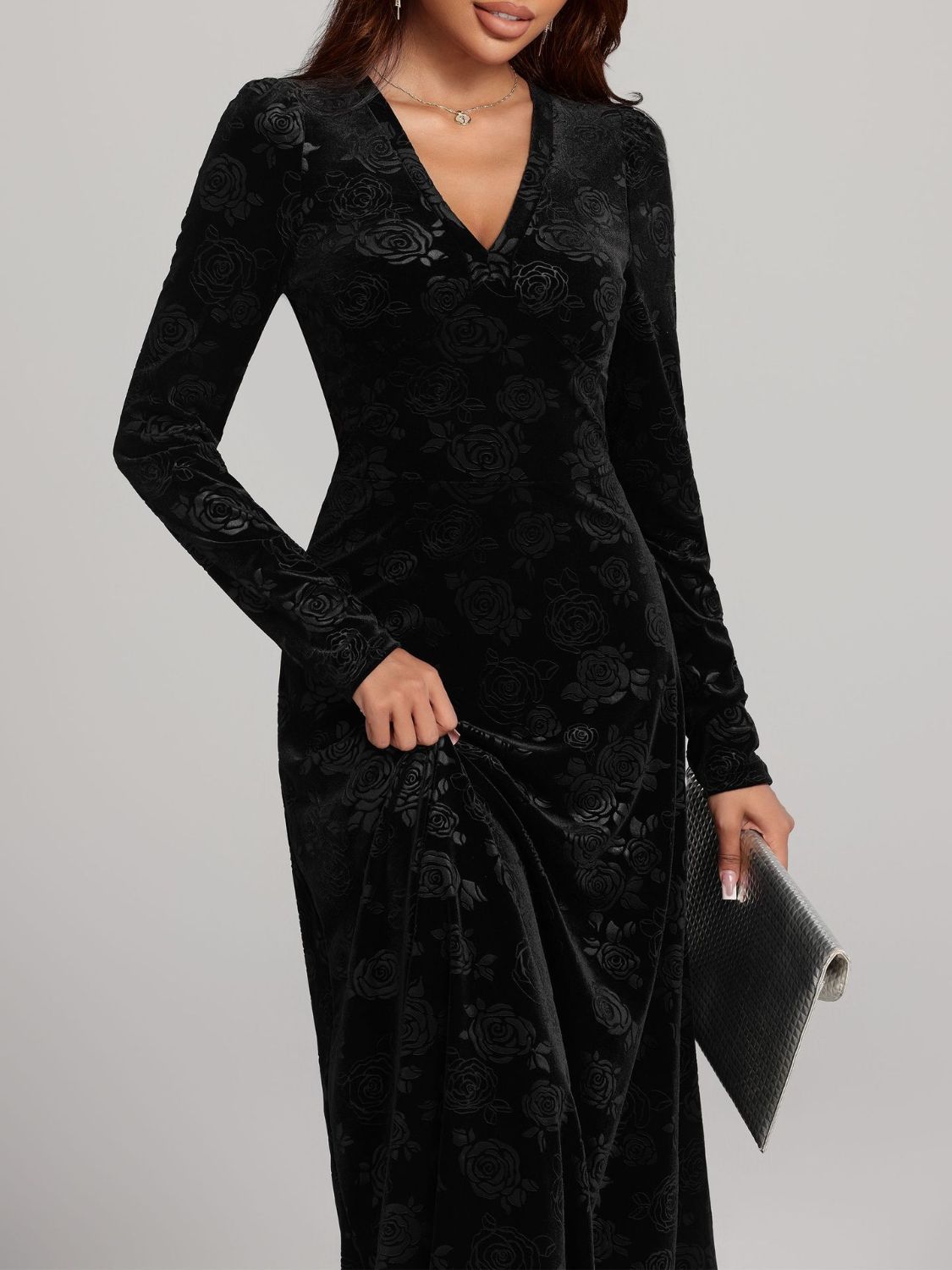 Rose Print V-Neck Long Sleeve Dress Trandify Deal