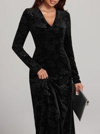 Rose Print V-Neck Long Sleeve Dress Trandify Deal