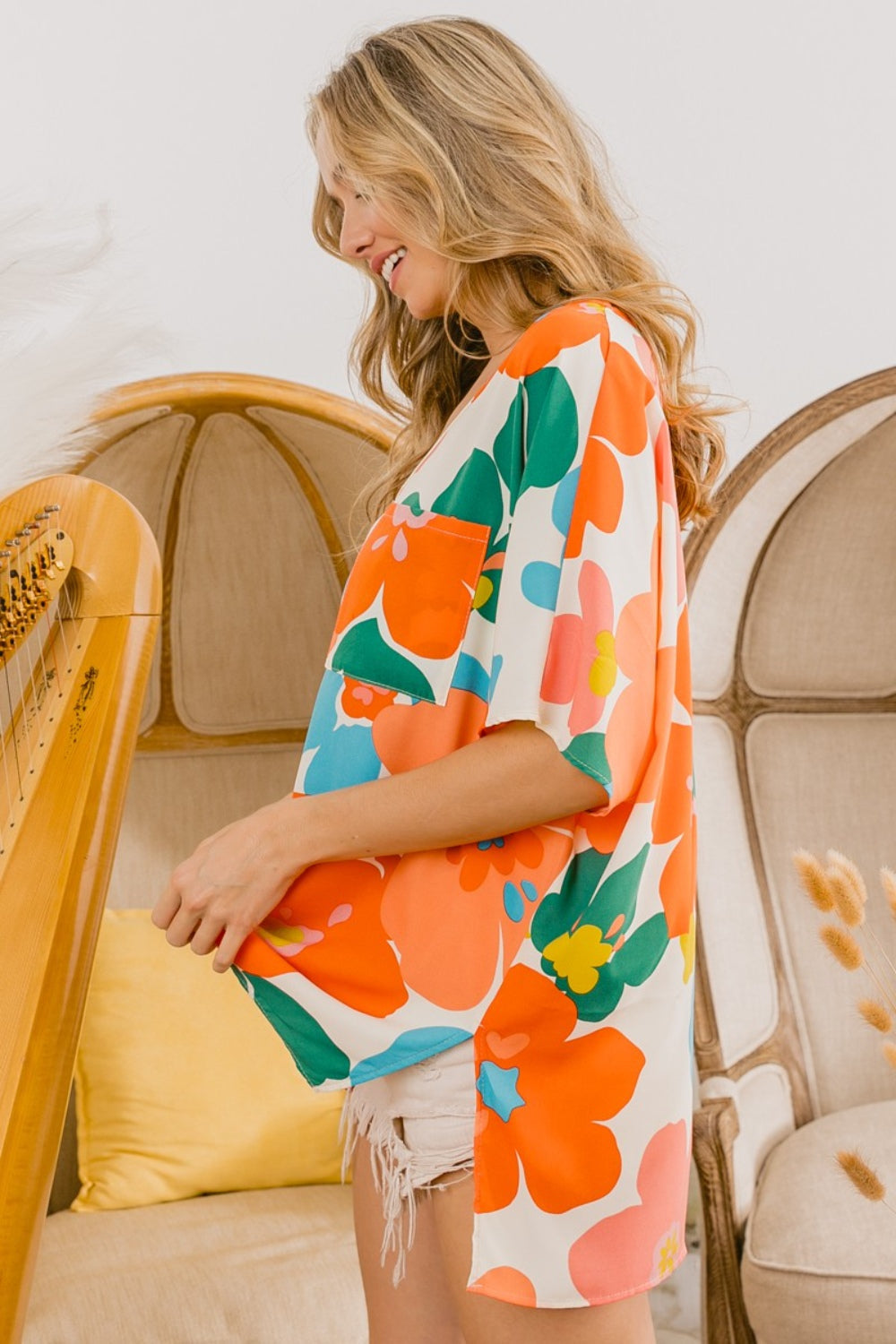 BiBi Floral V Neck Slit Side T-Shirt Trandify deal