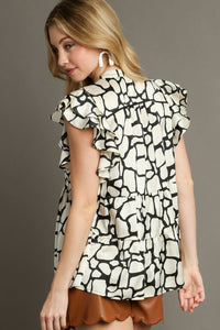 Umgee Two-Tone Animal Print Ruffle Cap Sleeve Blouse - Plus Size Fashion at TrandifyDeal