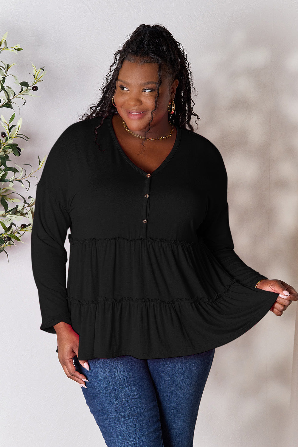 Double Take Half Button Long Sleeve Ruffle Hem Blouse Trandify Deal