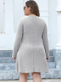 Plus Size Ribbed Buttoned V-Neck Long Sleeve Dress Trandify deal