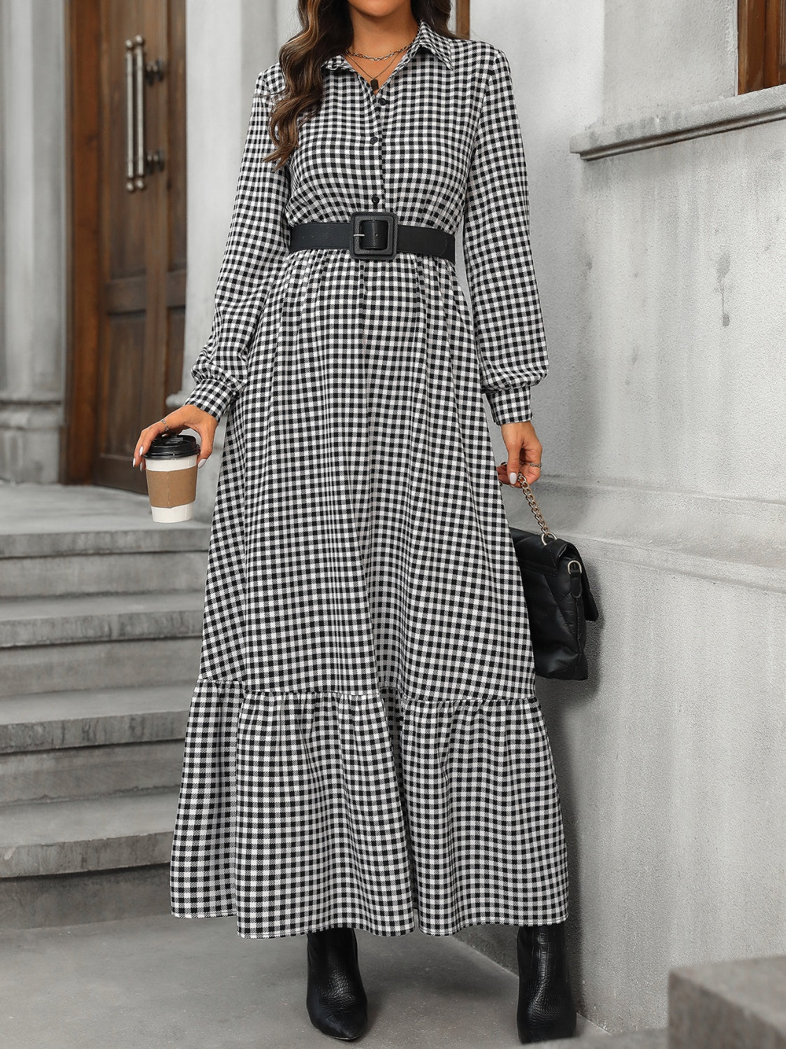 Honey Ruffle Hem Plaid Long Sleeve Dress Trandify Deal