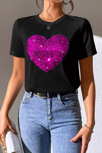 Heart Sequin Round Neck Short Sleeve T-Shirt - Trandify Deal