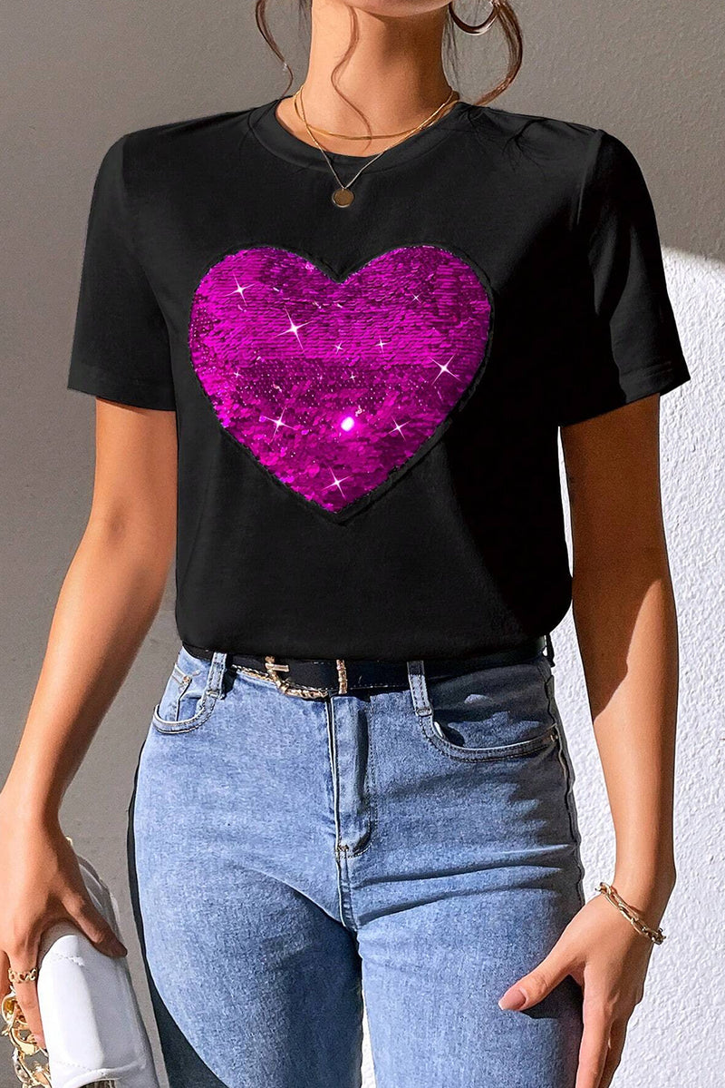 Heart Sequin Round Neck Short Sleeve T-Shirt - Trandify Deal