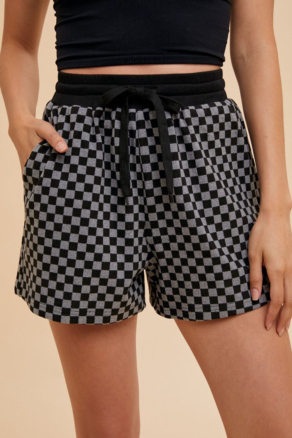 Annie Wear Checkered Round Neck Top and Drawstring Shorts Set Trandify Deal