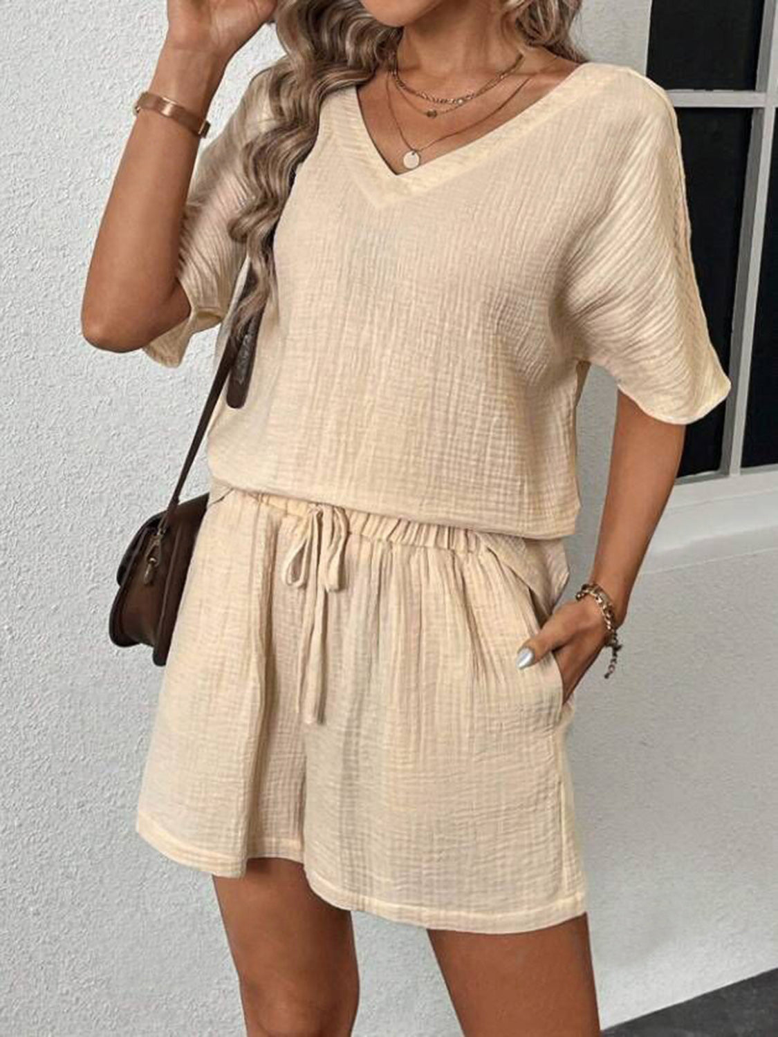 V-Neck Half Sleeve Top and Shorts Set - Trandify Deal