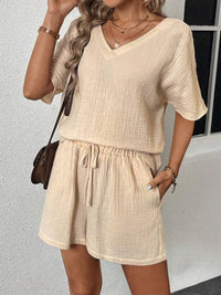 V-Neck Half Sleeve Top and Shorts Set - Trandify Deal