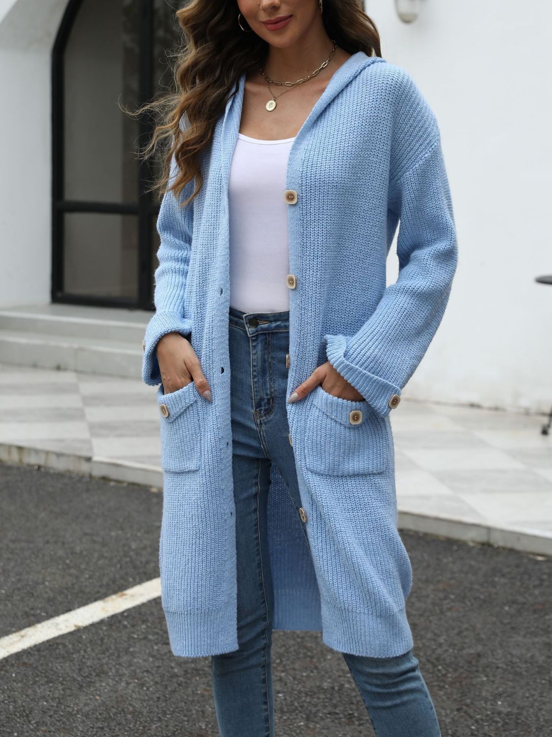 Pocketed Button Up Long Sleeve Hooded Cardigan Trandify Deal