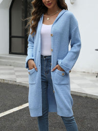 Pocketed Button Up Long Sleeve Hooded Cardigan Trandify Deal
