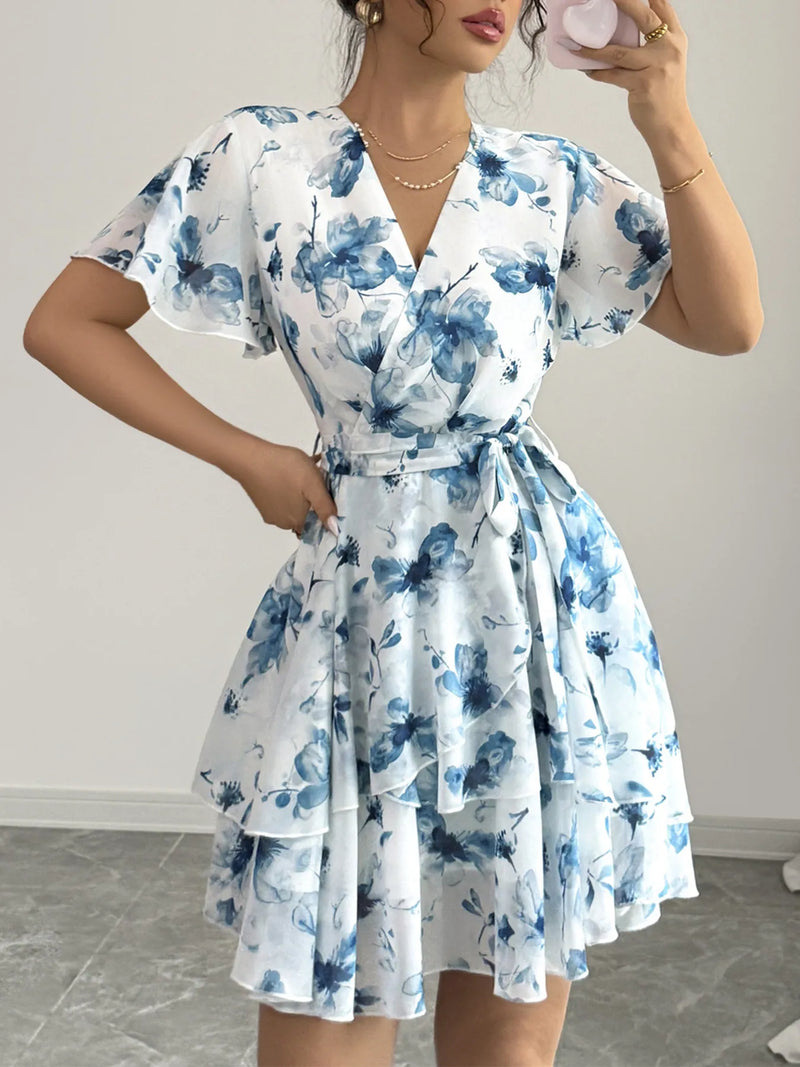 Floral Print Surplice Neck Mini Dress for Women – Boho Layered Ruffled Summer Dress