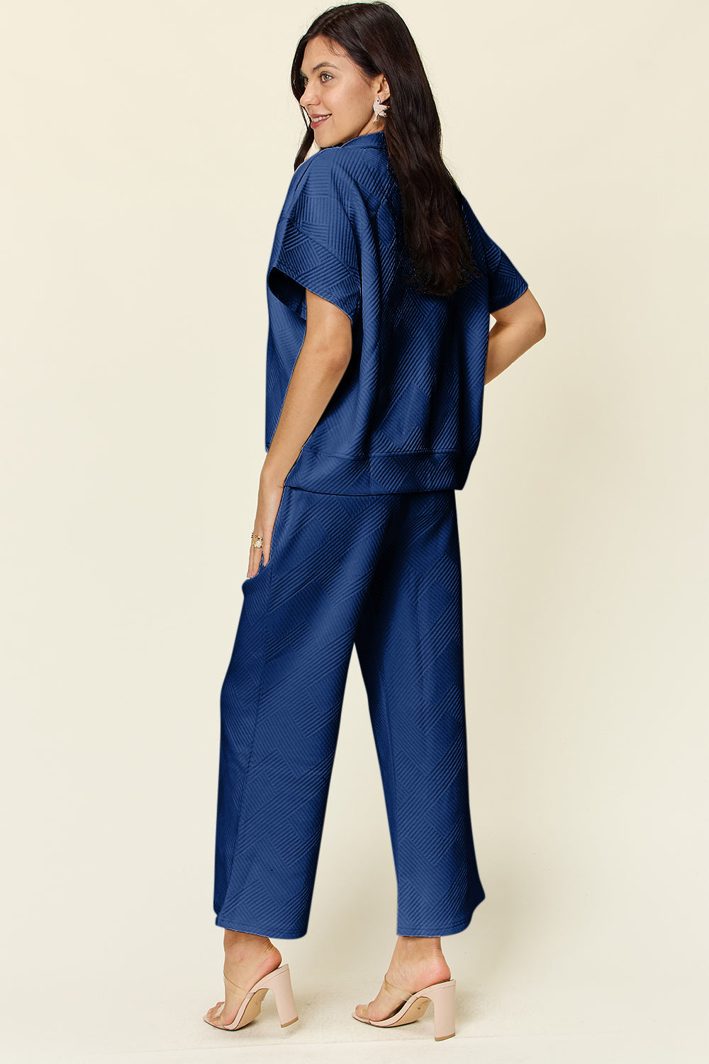 Double Take Full Size Texture Half Zip Short Sleeve Top and Pants Set Trandify Deal