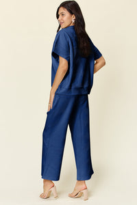 Double Take Full Size Texture Half Zip Short Sleeve Top and Pants Set Trandify Deal