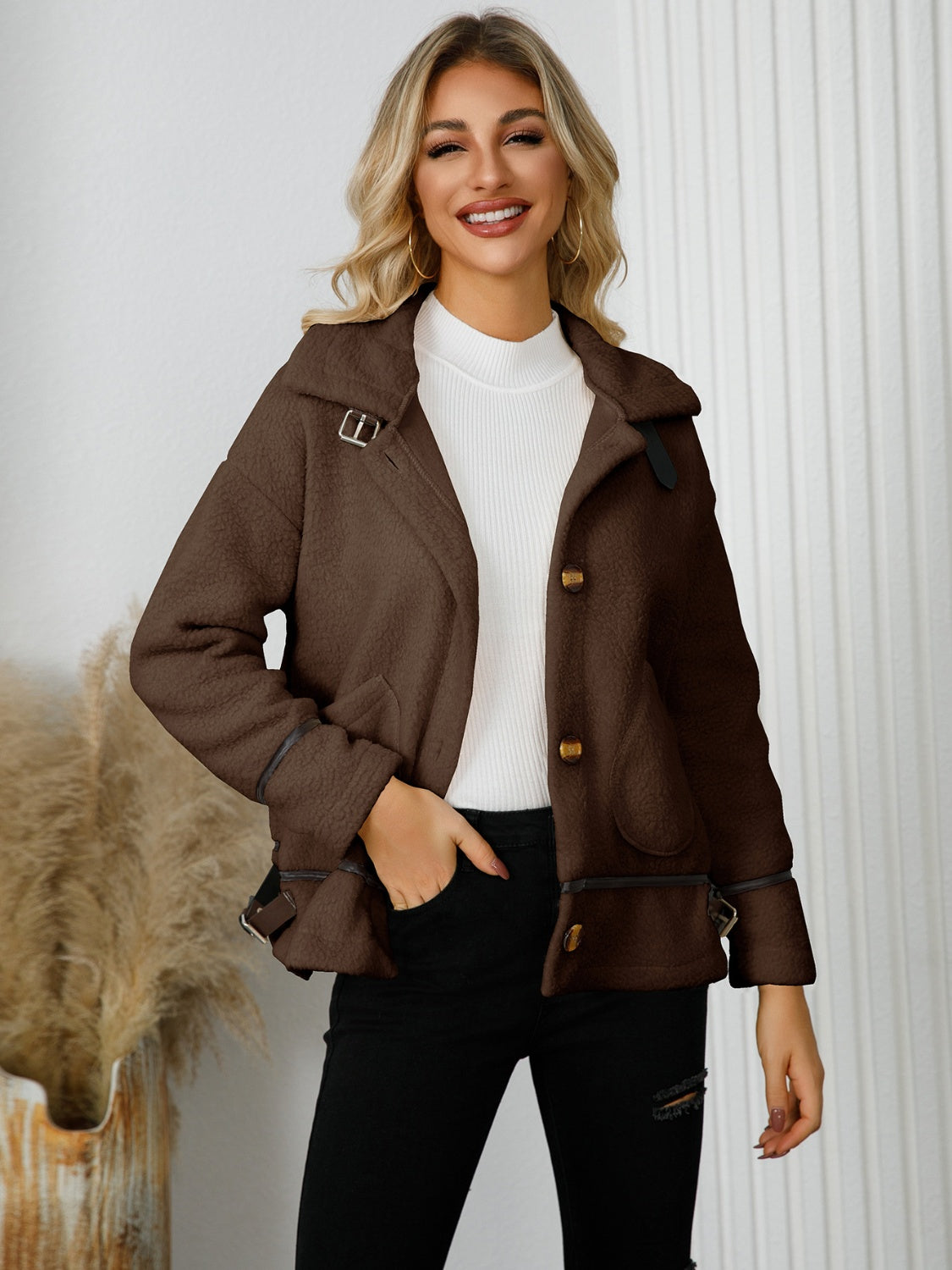 Pocketed Button Down Collared Neck Jacket Trandify Deal