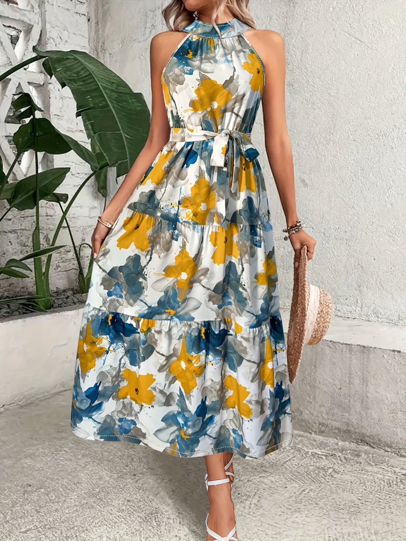 Tiered Printed Mock Neck Sleeveless Dress Trandify deal