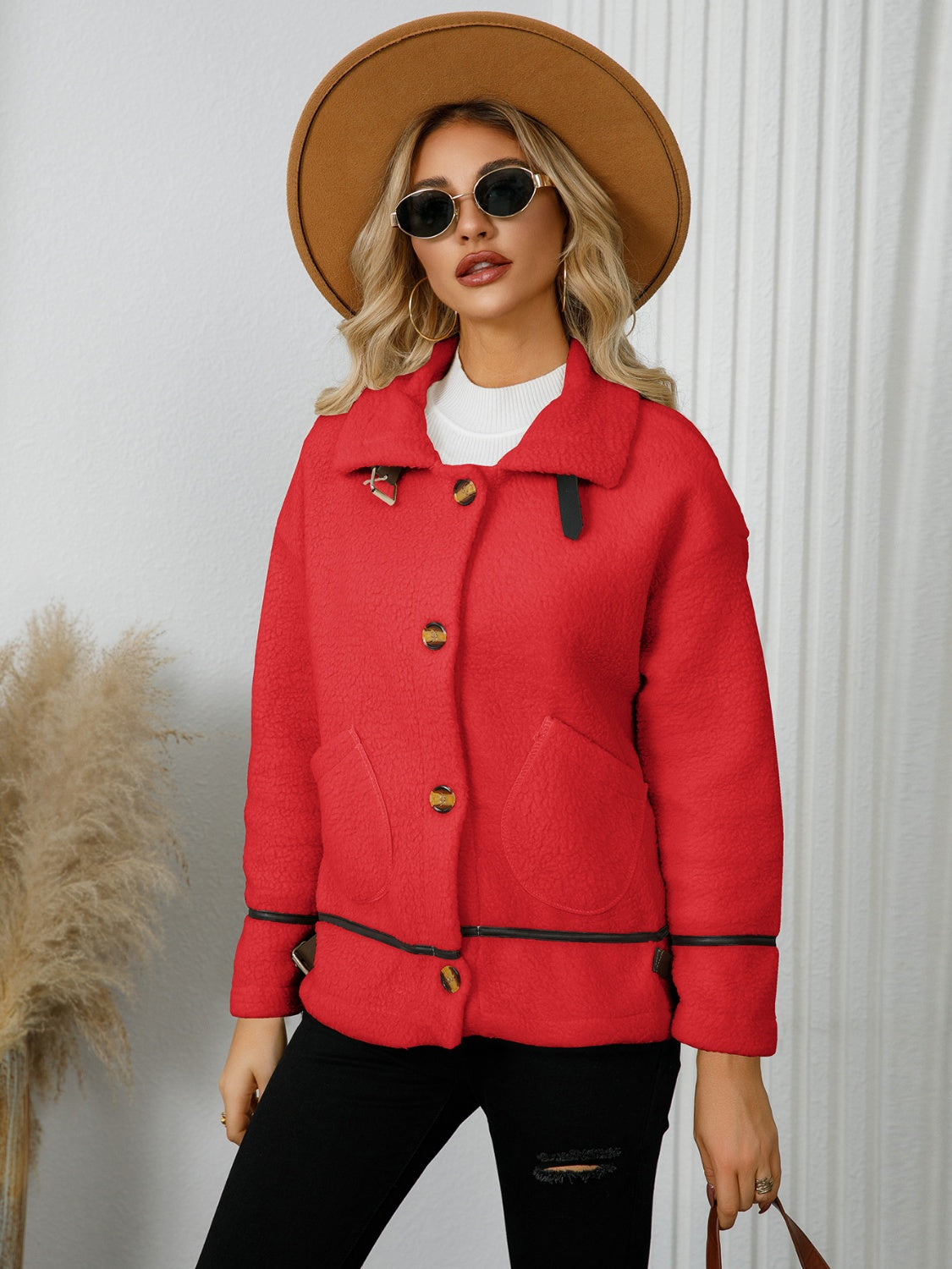 Pocketed Button Down Collared Neck Jacket Trandify Deal