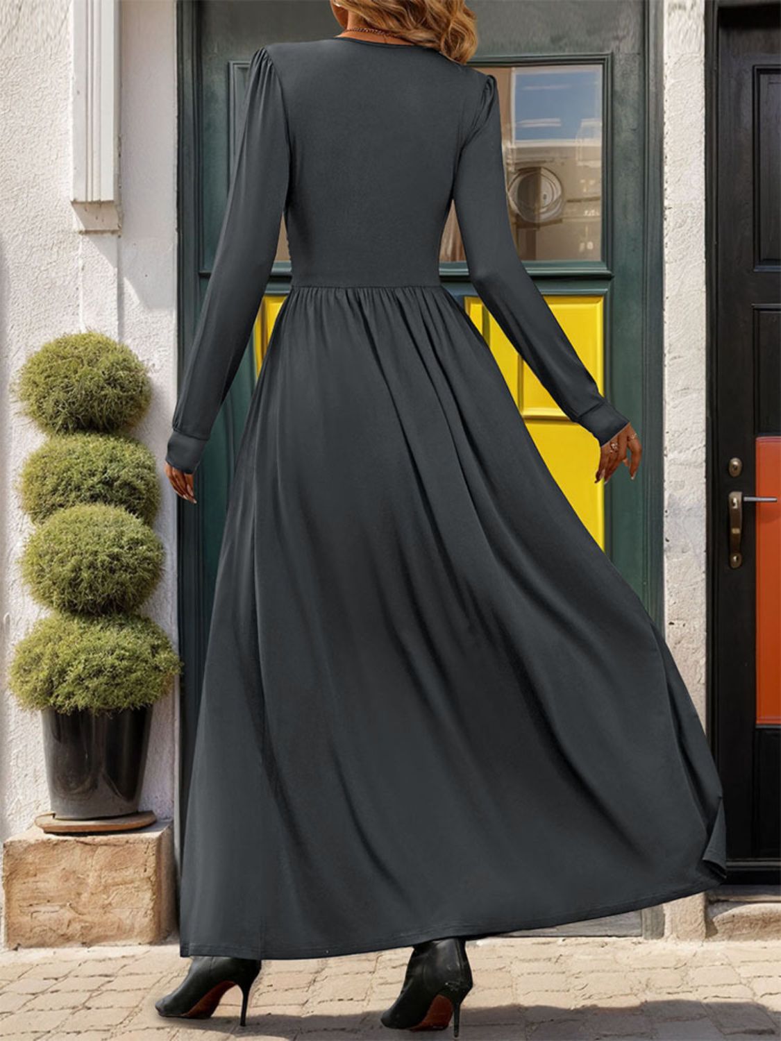 Perfee Lace Detail Slit V-Neck Long Sleeve Dress Trandify Deal