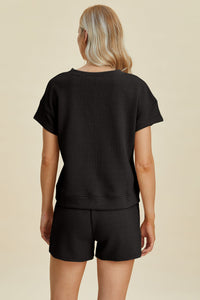 Double Take Full Size Texture Short Sleeve Top and Shorts Set Trandify deal