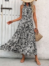 Perfee Backless Smocked Printed Sleeveless Midi Dress Trandify deal