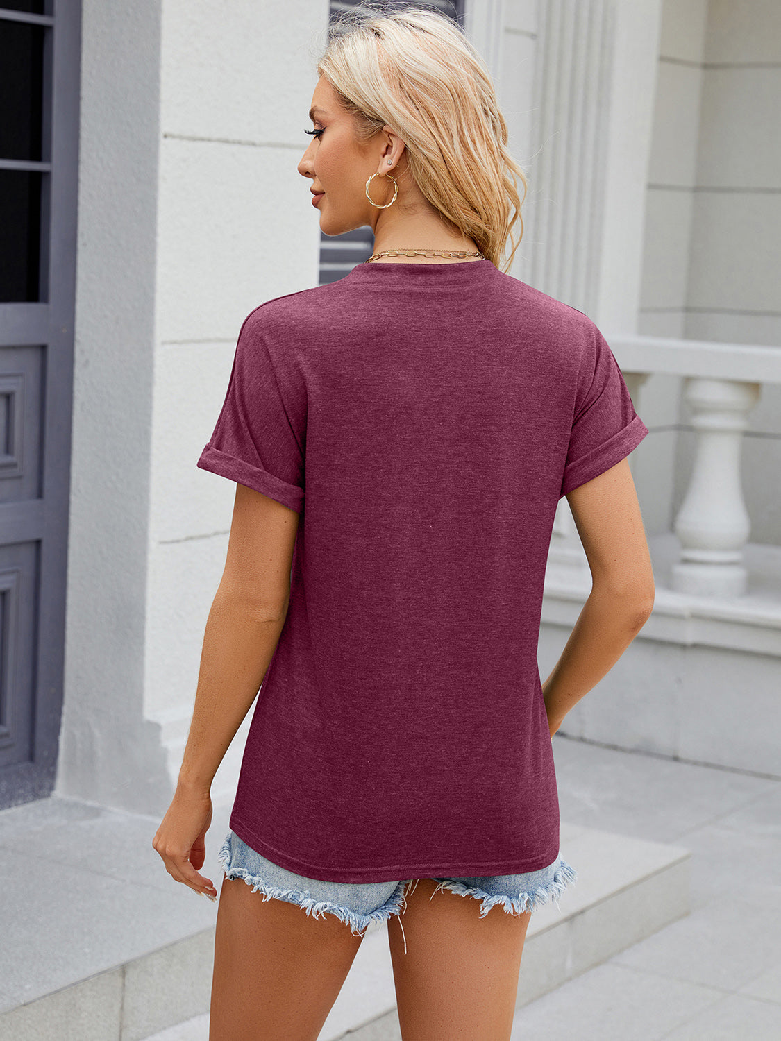Decorative Button Notched Short Sleeve T-Shirt Trandify deal