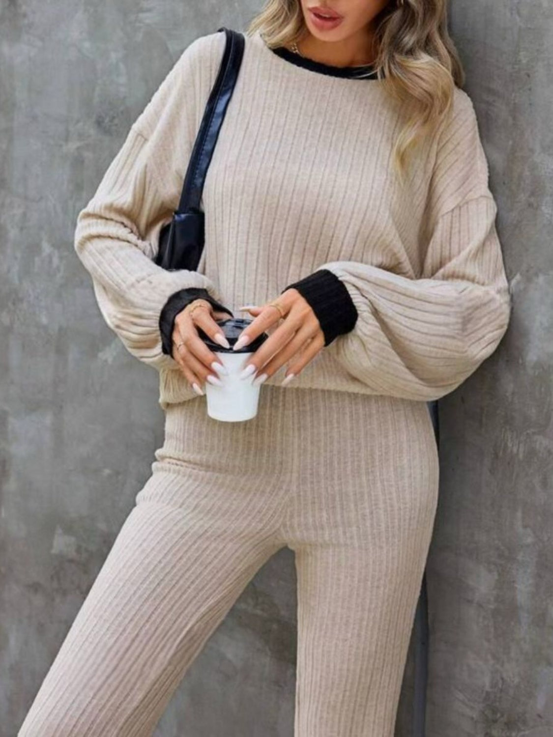 Contrast Round Neck Long Sleeve Top and Bootcut Pants Set Trandify Deal