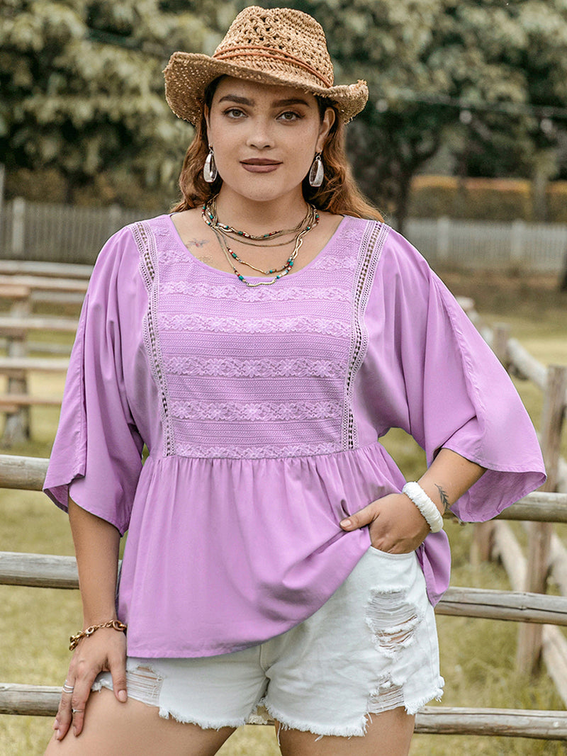 Plus Size Lace Detail Round Neck Three-Quarter Sleeve Blouse Trandify deal