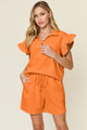 Double Take Full Size Texture Flounce Sleeve Top and Drawstring Shorts Set - Trandify Deal