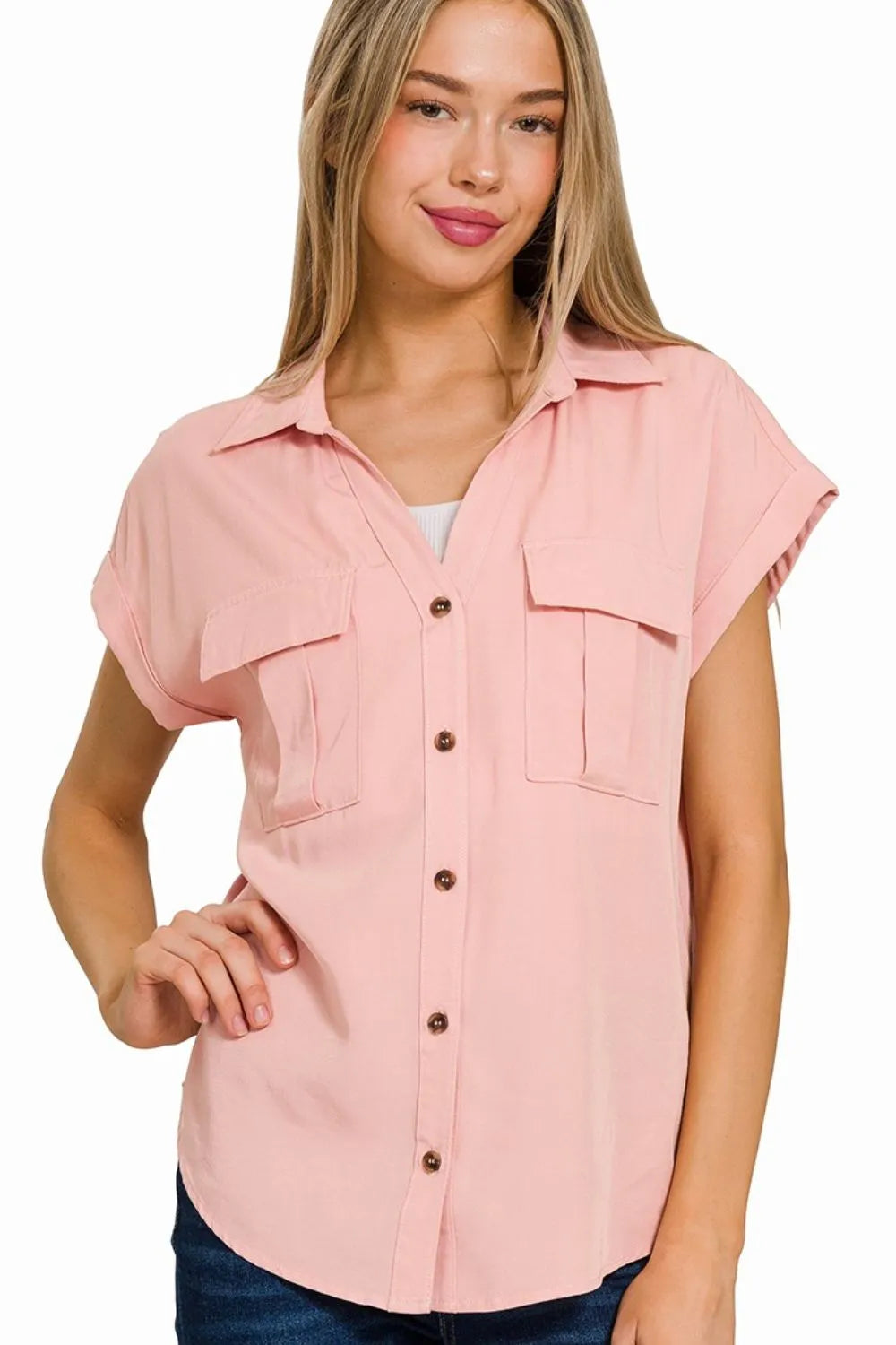 Women’s Tencel V-Neck Collared Top with Front Pockets – Trendy Casual Blouse for USA Women – TrandifyDeal