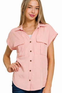 Women’s Tencel V-Neck Collared Top with Front Pockets – Trendy Casual Blouse for USA Women – TrandifyDeal