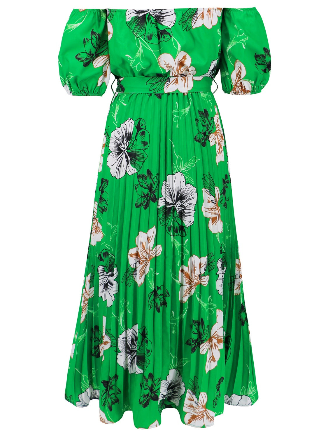 Pleated Floral Off-Shoulder Short Sleeve Midi Dress Trandify deal