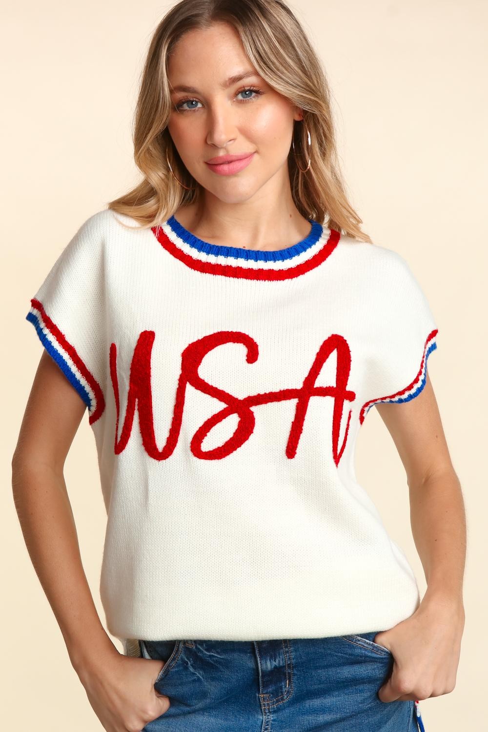 Haptics Letter Embroidery Slit Knit Top Trandify deal