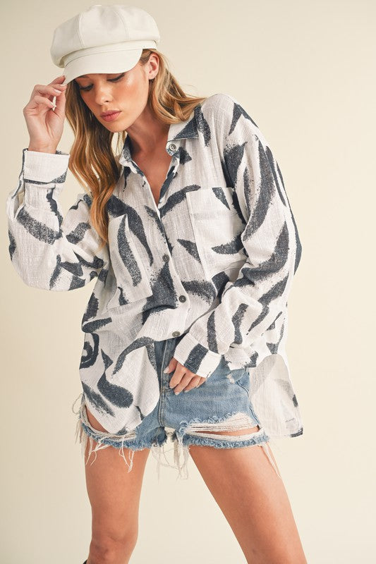 Women’s High-Low Printed Long Sleeve Shirt – Trendy Button-Up Blouse