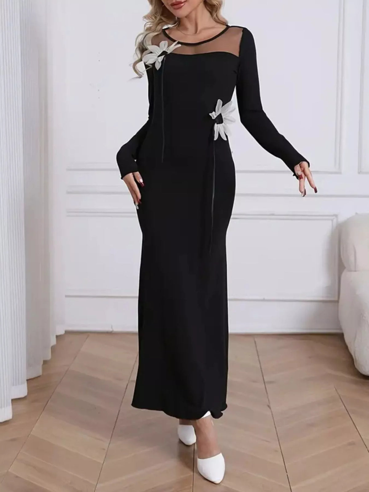 Elegant black mesh panel maxi long sleeve dress for women, bodycon style
