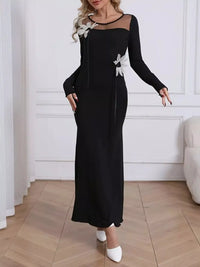 Elegant black mesh panel maxi long sleeve dress for women, bodycon style