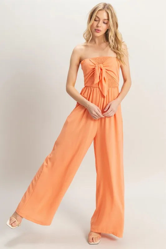 HYFVE Strapless Tie Front Smocked Jumpsuit – Trendy Summer Outfit