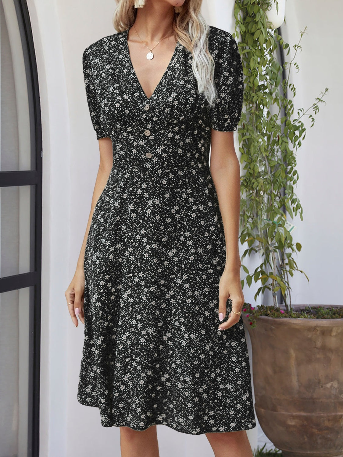 Printed V-Neck Short Sleeve Dress Trandify deal