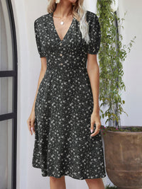 Printed V-Neck Short Sleeve Dress Trandify deal