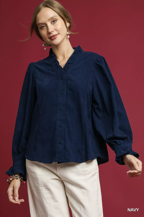 Oversized corduroy ruffle shirt with long puff sleeves women's fashion