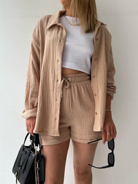 Texture Button Up Shirt and Drawstring Shorts Set Trandify deal
