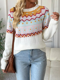 Cozy fall sweater for women in White, soft acrylic knit, long sleeve round neck top.