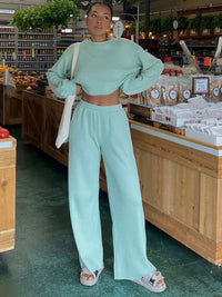 Waffle-Knit Round Neck Top and Pants Set Trandify deal