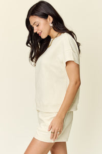 Double Take Full Size Texture Short Sleeve T-Shirt and Drawstring Shorts Set Trandify deal