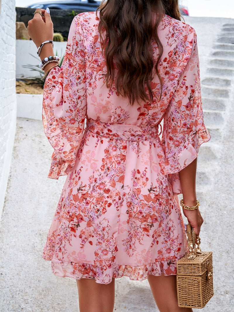 Devine Ruffled Printed Surplice Half Sleeve Mini Dress Trandify Deal