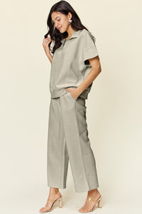 Double Take Full Size Texture Half Zip Short Sleeve Top and Pants Set - Trandify Deal